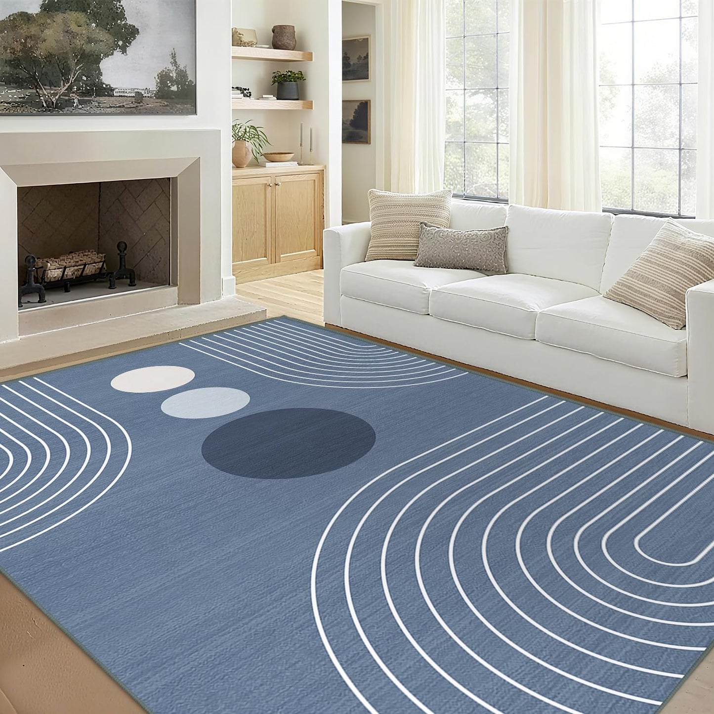 Area Rug 5x7 Boho Modern Minimalist Geometric Abstract Rug Dusty Blue Mid Century Modern Rug for Living Room Machine Washable Non-Slip Printed Low Pile Indoor Carpet for Bedroom Dining Room Office