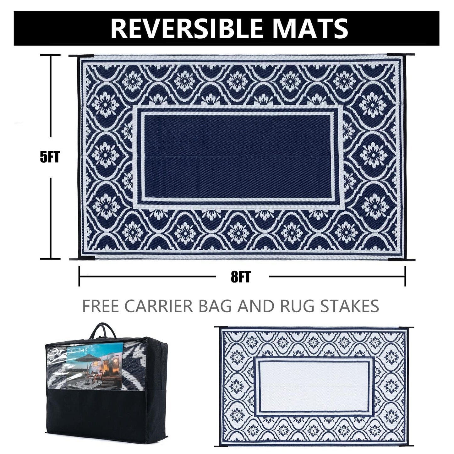 HUGEAR Outdoor Patio Rug 5'x8' Waterproof Outside Area Rugs Blue Reversible Plastic Straw Carpet for RV Deck Camping Entryance Porch Picnic Balcony Beach