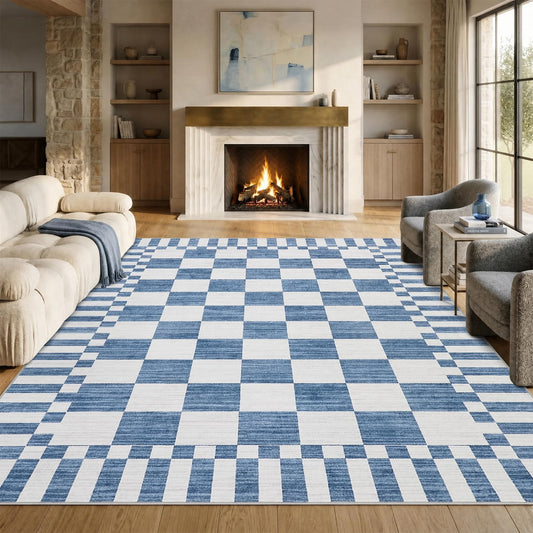 GarveeHome Dark Blue Checkered Rug 5×7 Area Rugs for Living Room，Non-Slip Washable Rug Soft Low-Pile, Neutral Modern Farmhouse Geometric Rugs for Bedroom Dining Room Office