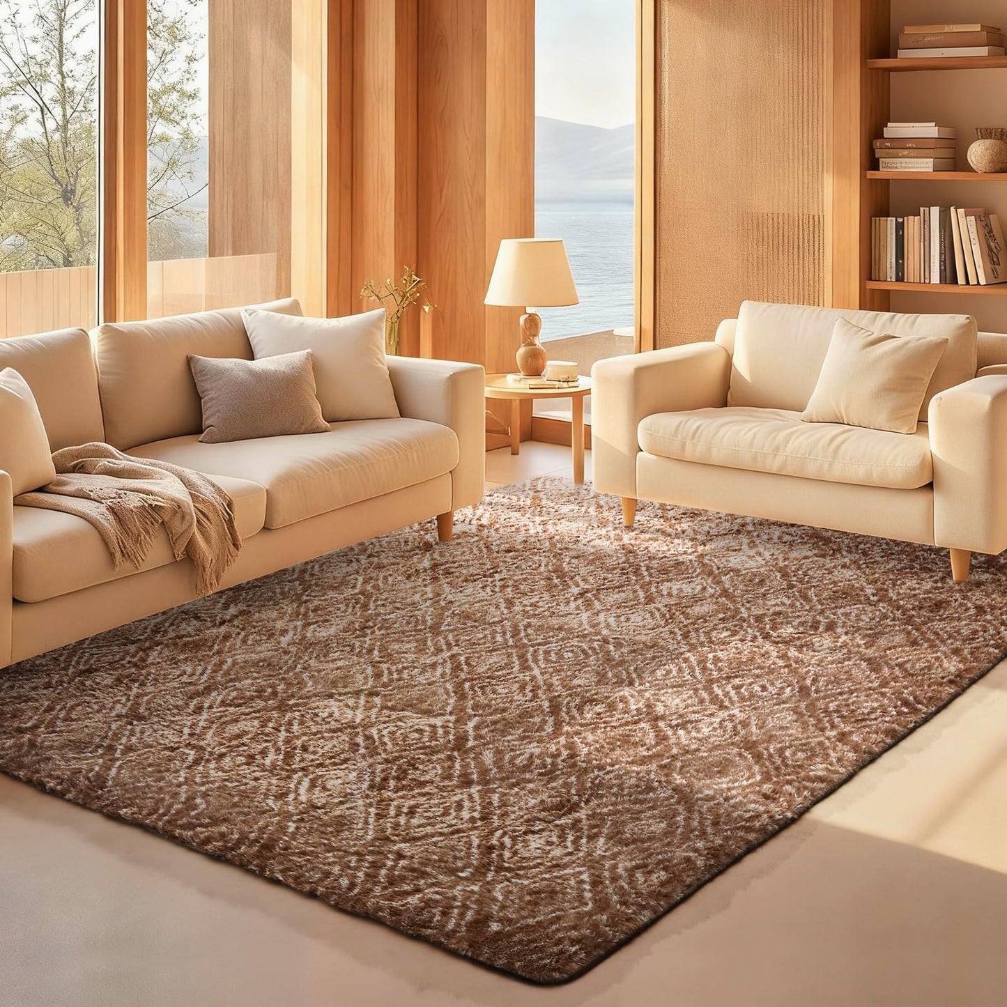 Ophanie Brown and White Diamond Striped Rugs for Living Room 5x7, Fluffy Shag Large Fuzzy Plush Soft Carpets, Shaggy Rugs for Bedroom, Carpet for Kids Boys Girls Dorm Nursery Home Decor Aesthetic