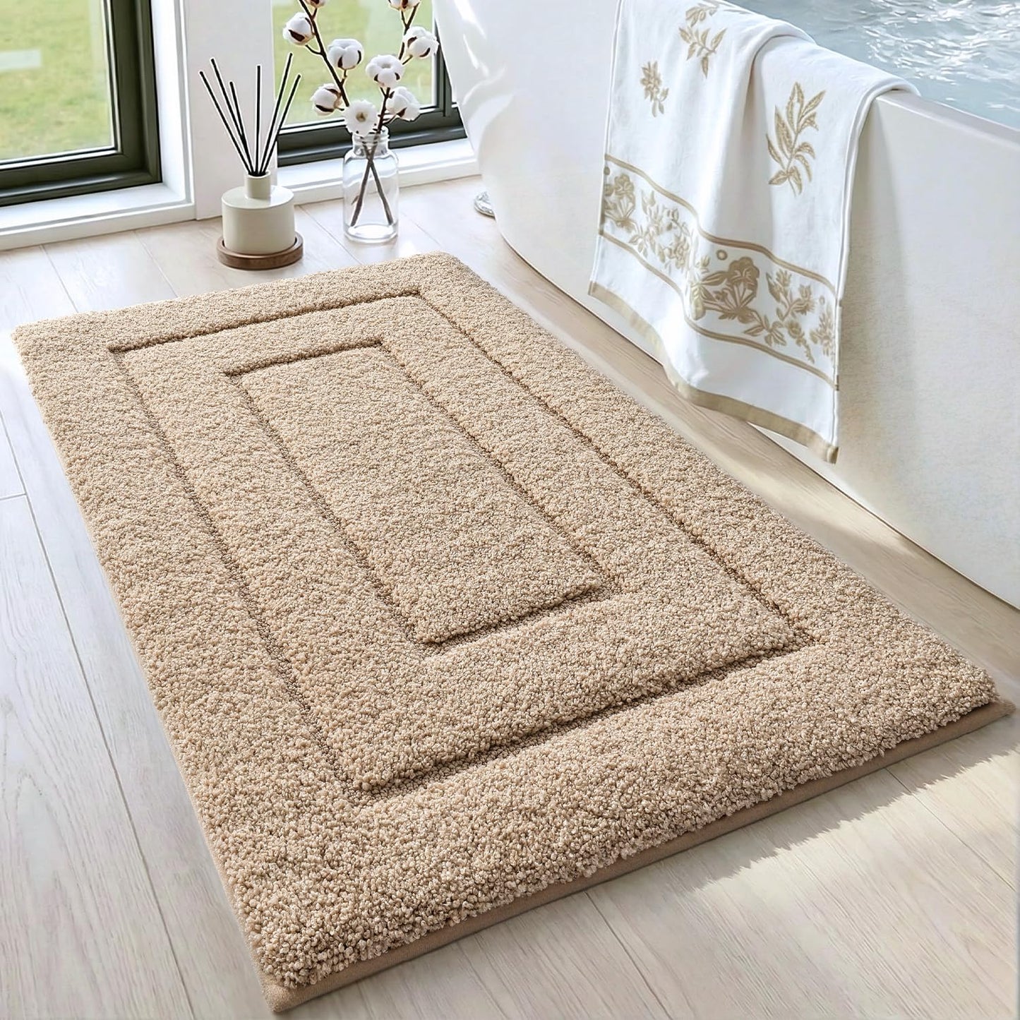 DEXI Bathroom Rug 32x20, Non Slip Washable Bath Mat for Shower Floor, Absorbent Soft Bathmat with Rubber Backing, Quick Dry Microfiber Carpet, Beige