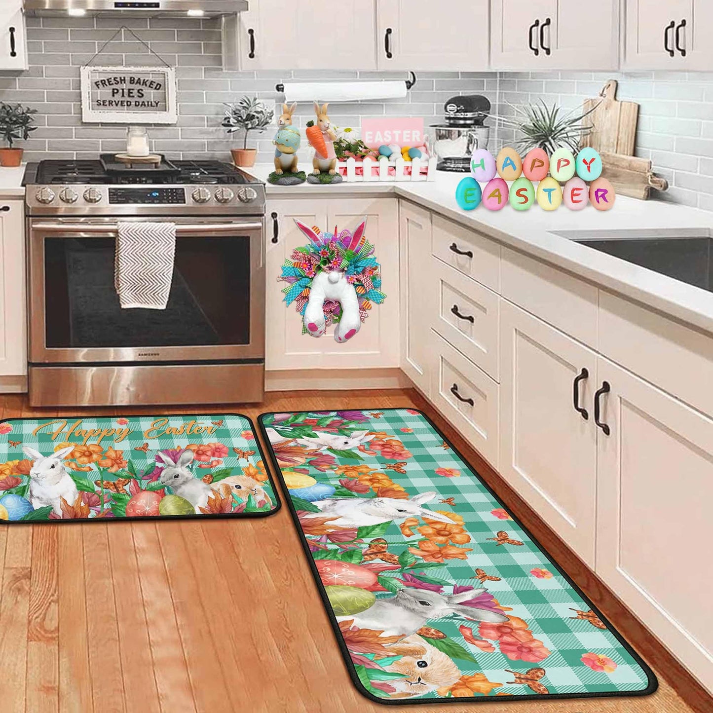 OUXIOAZ Happy Easter Flowers Eggs Bunny Rabbits Kitchen Rugs Set of 2, Spring and Summer Holiday Decorations for Home Kitchen 17"x47"+17"x30"