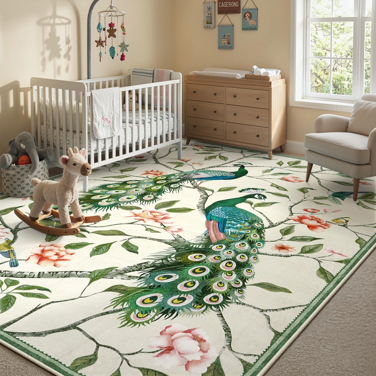 Anidaroel Whimsical Peacock Feathers Area Rug, 8x10 Washable Rugs for Living Room Eclectic Bird Carpet, Soft Large Bedroom Rug Stain-Resistant Dining Room Floor Carpet for Study Home, Beige