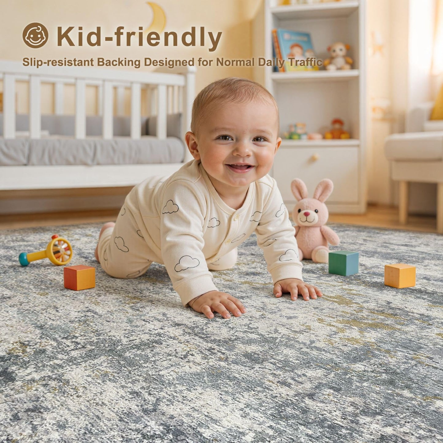 kakania 10x14 Washable Area Rug: Abstract Modern Non Slip Soft Low Pile Carpet, Easy Clean Polyester Kid Pet Friendly, Thin Rug for Living Room Bedroom Kids Dorm Office, Robot Vacuum - Blue Grey