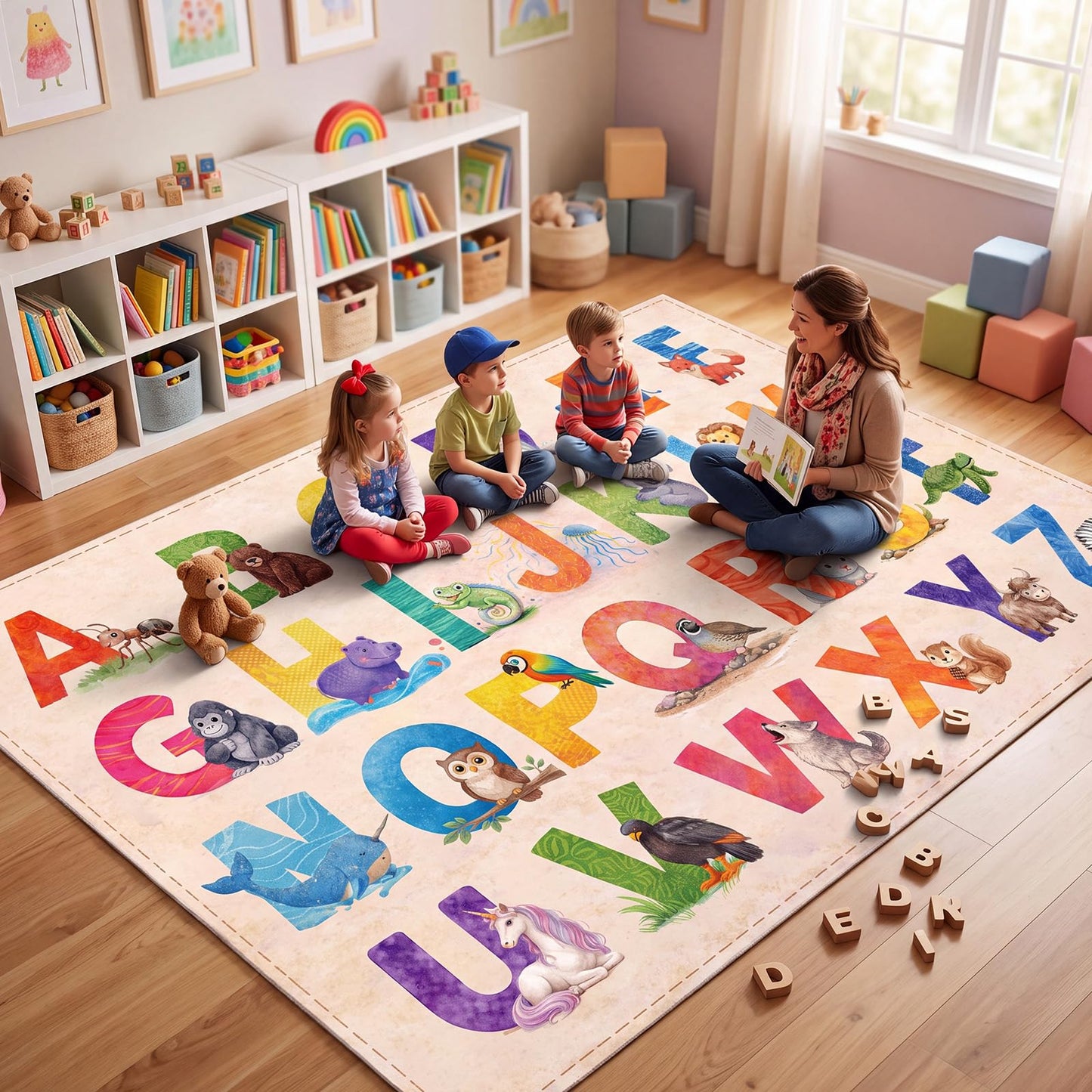 Amylove 5 x 7 ft Large Alphabet Animals Classroom Rug, ABC Learning Rugs with A–z Animal Chart, Educational Alphabet Carpet for Preschool Kindergarten, Rainbow Early Literacy Teaching Play Rug