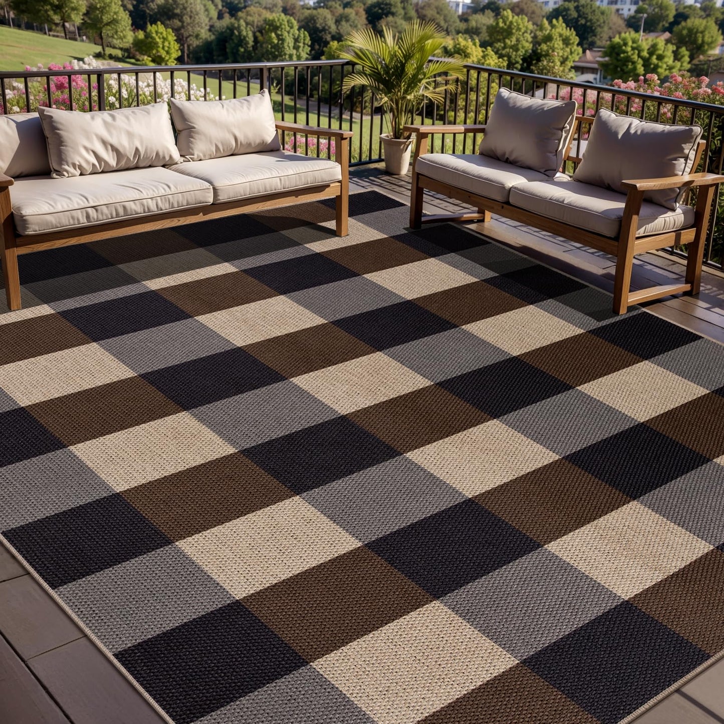 Tangsoo Checkered Easy Jute Rug 5x7 Large Washable Area Rug for Dining Room,Non-Slip Black Brown Indoor Outdoor Rug,Modern Thin Mat Outdoor Carpet for Living Room Bedroom Patio