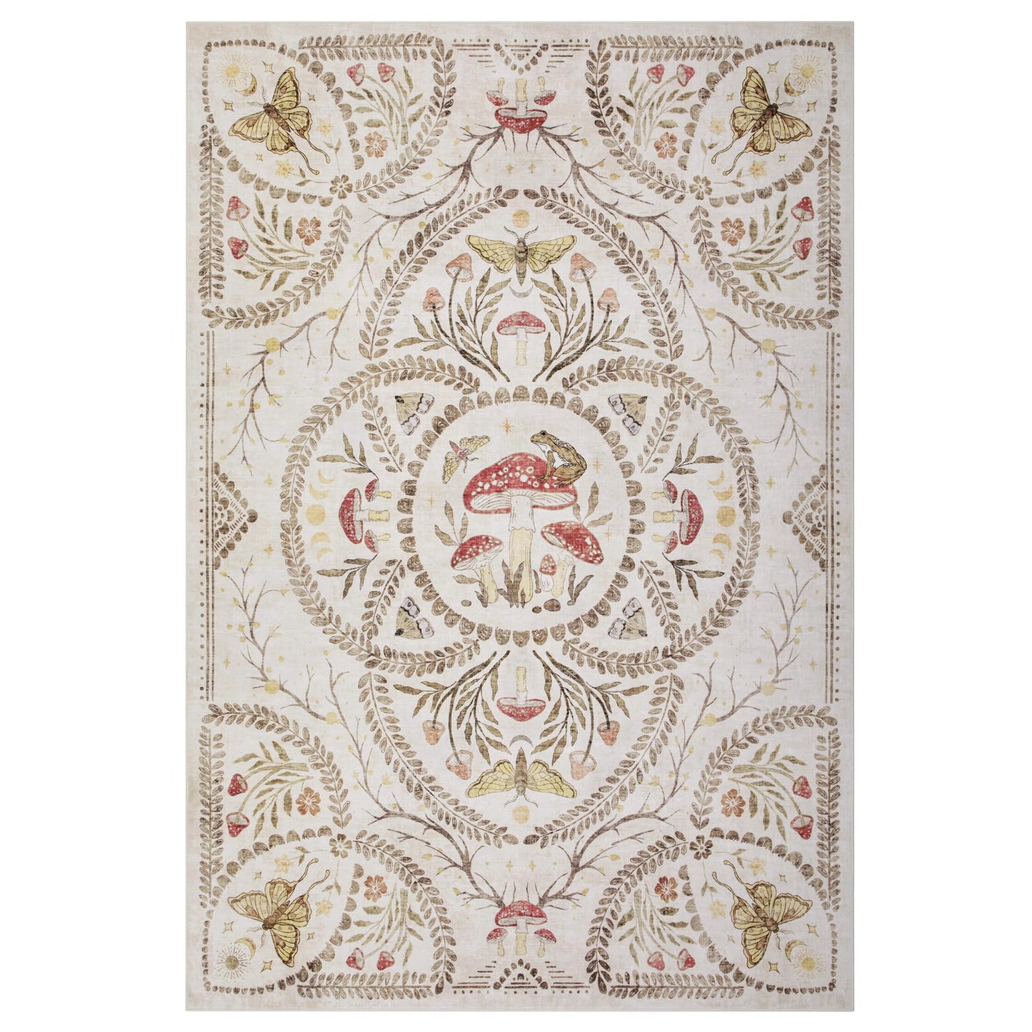 Garvee Mushroom 8x10 Area Rugs for Living Room, Dark Academia Gothic Rug, Non Slip Animal Print Washable Rugs 8x10 Low Pile Bedroom Decor Bug Carpet with Rubber for Dining Room Playroom Office, Beige
