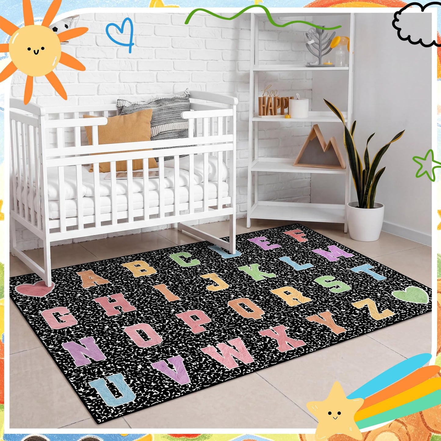 Dunzy 4.92 x 7.55 ft Classroom Rug Composition Notebook Alphabet Rug Pastel Back to School Reading Calming Corner Decor Composition Carpet for Teaching and Playroom
