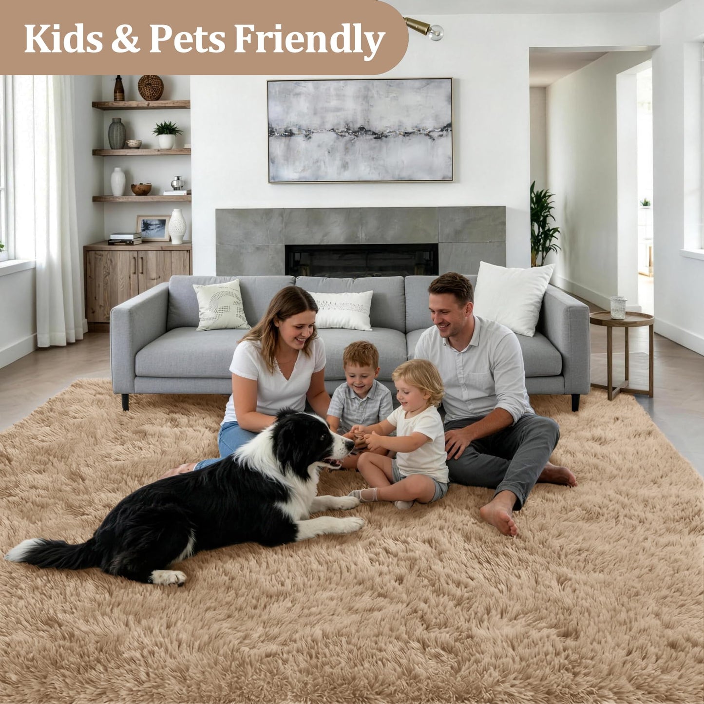 8x10 Area Rugs for Living Room Bedroom: Ultra Soft Fluffy Shag Rug Upgrade Non-Slip Non-Shedding Large Fuzzy Plush Carpet Indoor Floor Carpets for Kids Room Playroom Nursery Dorms Home Decor Beige