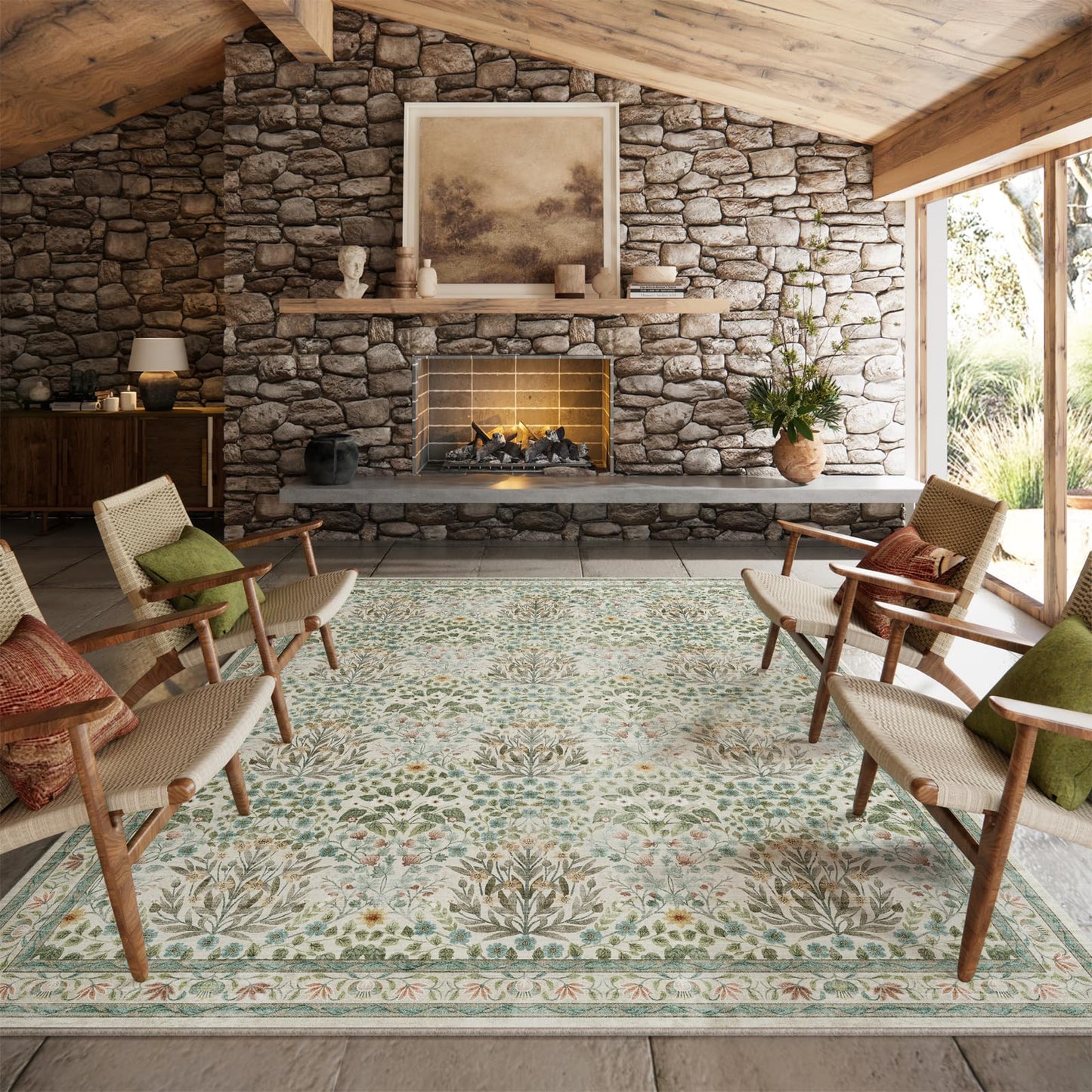 Washable Area Rug 8x10 - Vintage Floral Living Room Rug for Dining Room (Under Table), Bedroom - Stain Resistant, Soft Low Pile, Non-Slip Large Carpet