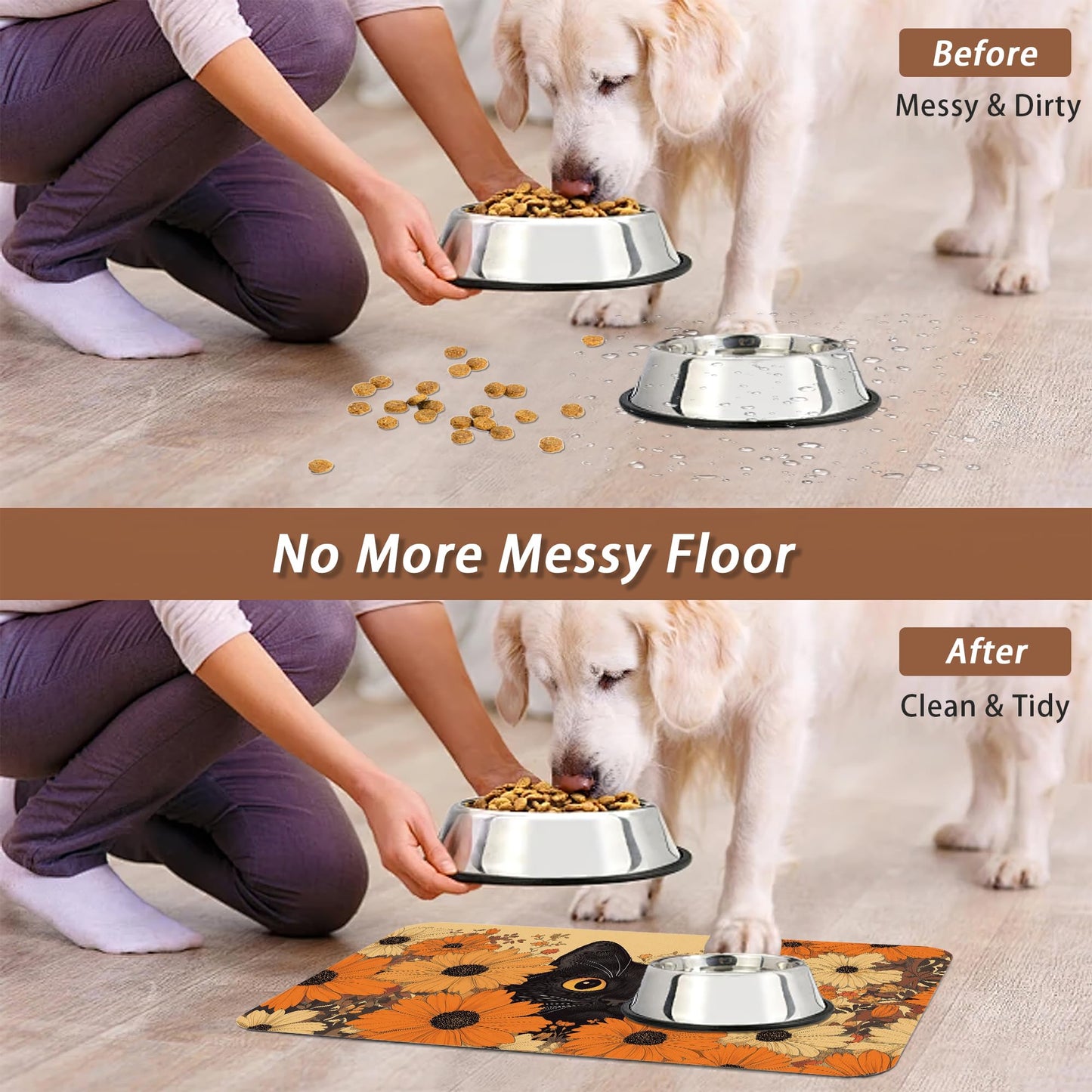 Black Cat Dog Food Mat for Floors,Fall Flower Daisy Absorbent Pet Food and Water Bowl Mats,Non-Slip Pet Feeding Mat,Pet Supplies 12" x 20"
