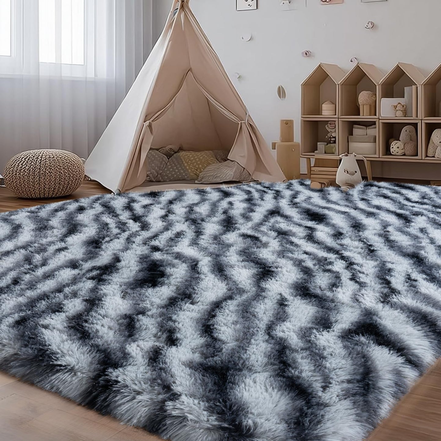 qulint Zebra Rug for Living Room, 8x10 Area Rug for Bedroom Soft Shaggy Animal Large Carpet, Plush Striped Ombre Alfombras for Dorm Room Nursery Classroom Home Decor Aesthetic (8ft x 10ft, Zebra)