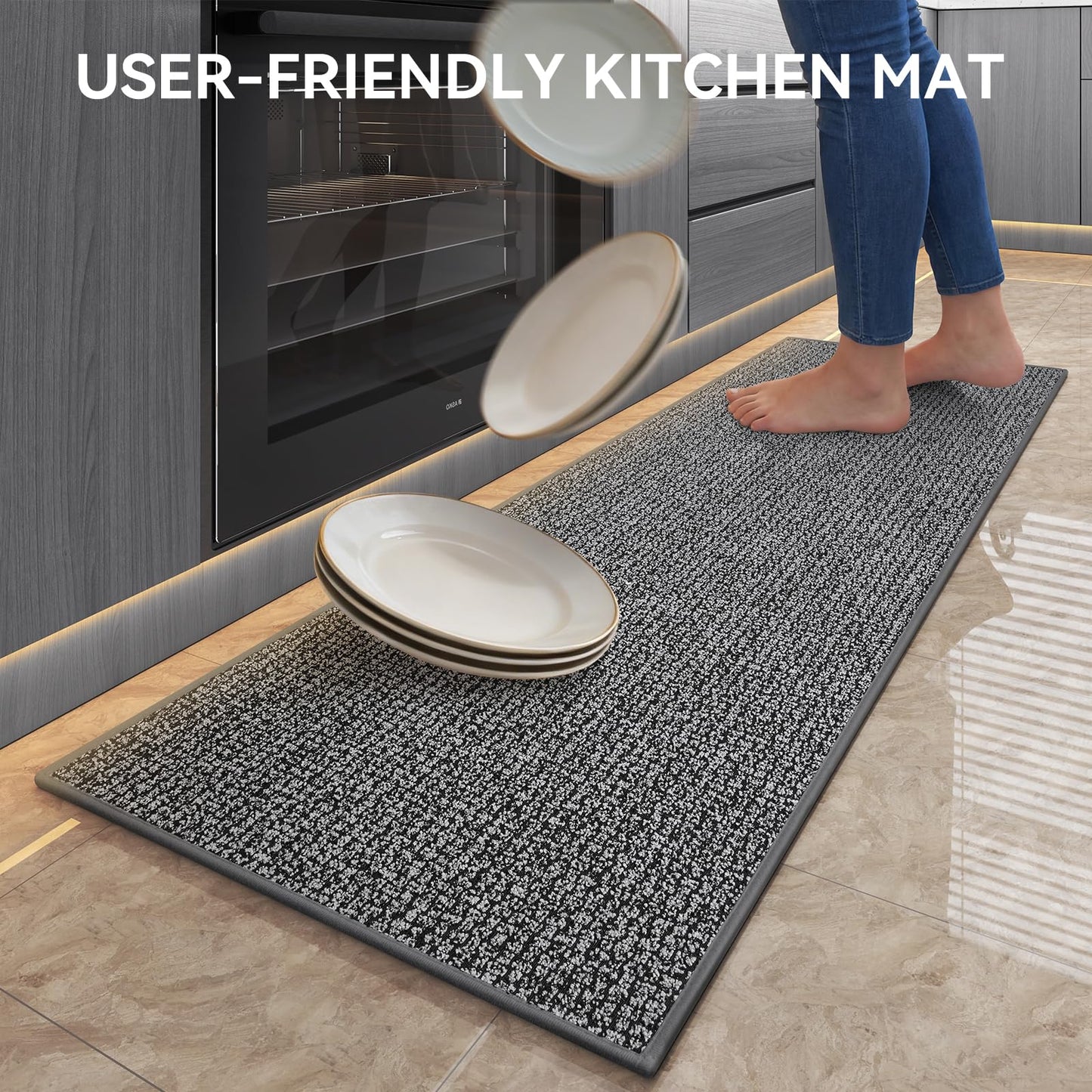 QiCaiJia Kitchen Rugs and Mat Non Slip Washable, Super Absorbent Kitchen Mats for Floor, Rubber Backing Soft Braided Standing Kitchen Sink Mat Kitchen Runner, Front of Sink, Easy Clean, Grey 17"x30"