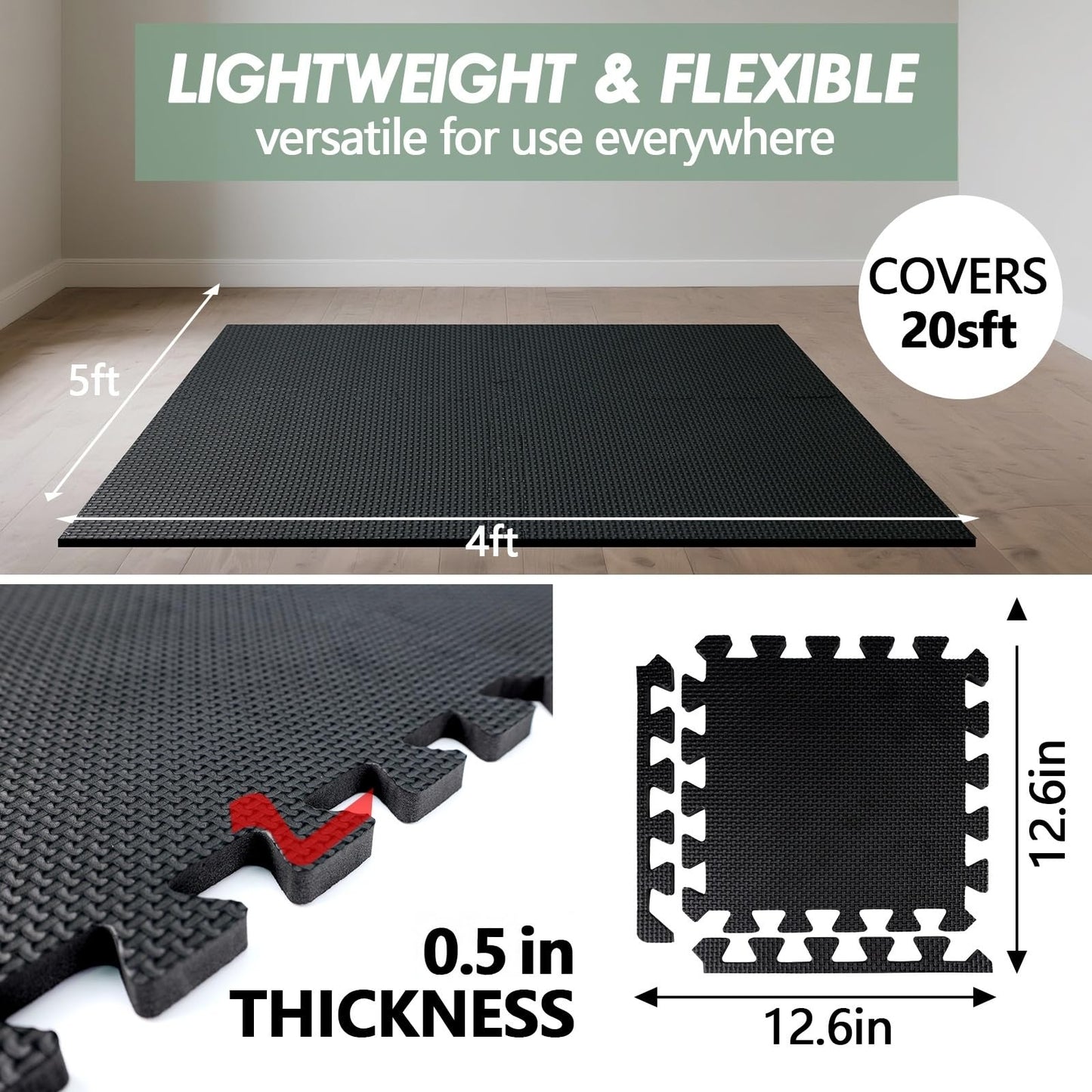 WAWINY 20 Sq Ft Gym Floor Mats, 0.5" Thick Interlocking Foam Tiles