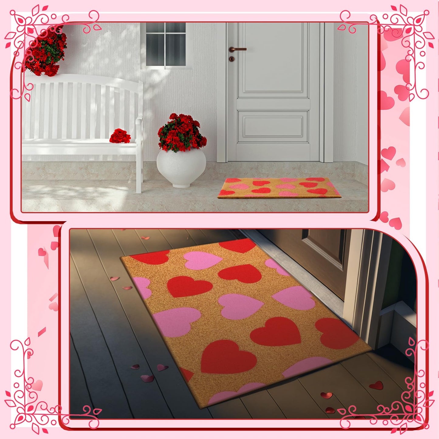 Tinideya Valentine's Day Door Mat Coir Doormat Valentine's Day Rug Front Mat Red Pink Heart Rectangle Entrance Door Rug for Indoor with Non-Slip Bottom Lining for Family Anniversary 16 x 28 Inches