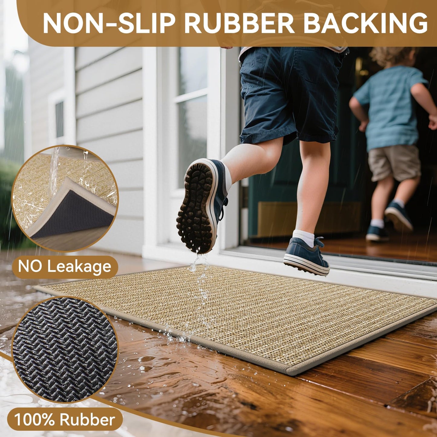 QiCaiJia Front Door Mat 17"x30", Heavy Duty Waterproof Dirt Trapping Non-Slip Doormats, Low Profile Entrance Mats for Front Indoor/Outdoor, Brown