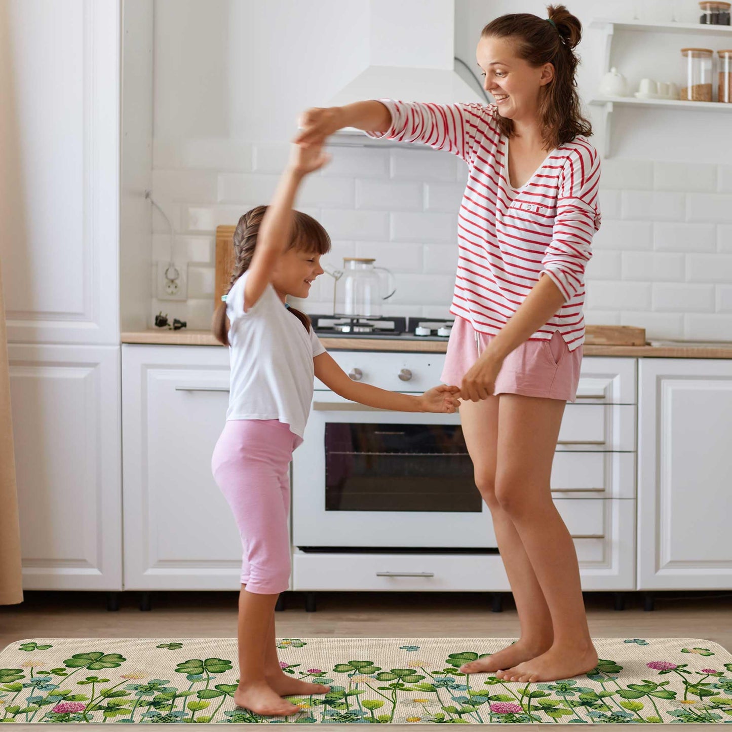 Printspree Lucky Clover Kitchen Rugs Set of 2, Shamrock and Floral Design for Kitchens, Doorways, and St. Patrick's Day Decor, Non-Slip Rubber Backing Floor Mats, 17x29 and 17x47 Inch