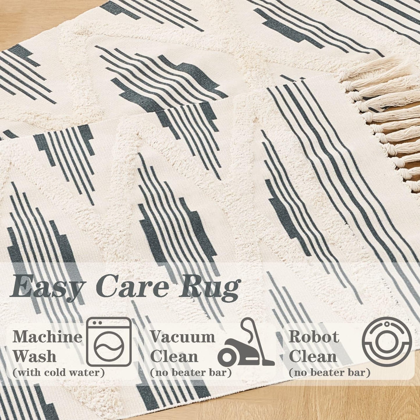 Boho Runner Rug Washable Hallway Rug Runner, Tufted Woven Cotton Farmhouse Area Floor Mat for Bedroom, Modern Diamond Entryway Carpet with Tassels (Grey, 2'x5')