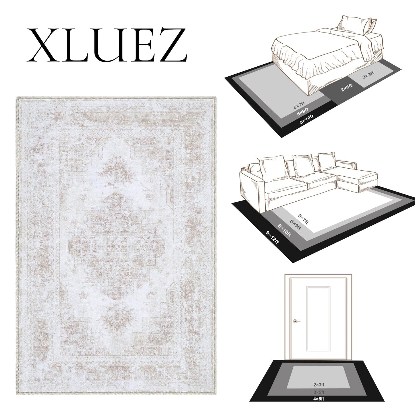 XLUEZ Area Rug 9x12 Living Room Rug, Machine Washable Vintage Distressed Medallion Rug Non-Slip Soft Low Pile Large Indoor Rugs for Bedroom Kitchen Dining Room Office(Beige,9'x12')