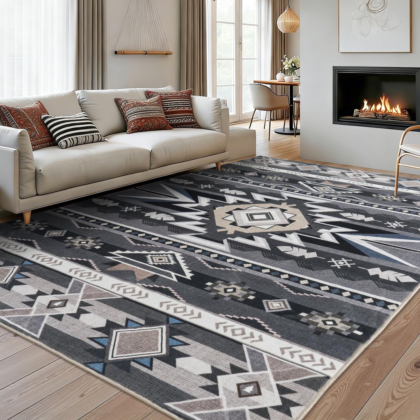 Western Rug for Living Room, 6x9 Non Slip Low Pile Aztec Rug for Bedroom, Dining Room Rugs for Under Table, Office, Large Machine Washable Area Rugs, Grey