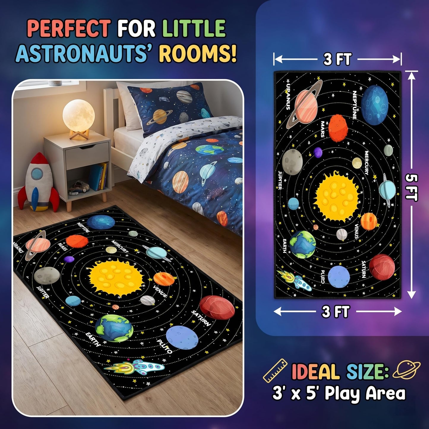Planet Rug Space Adventure Theme Boys Bedroom Carpet Galaxy Floor Mat with Solar System Planets Galaxy Decor Kids Playroom Educational Rug, 3'×5'