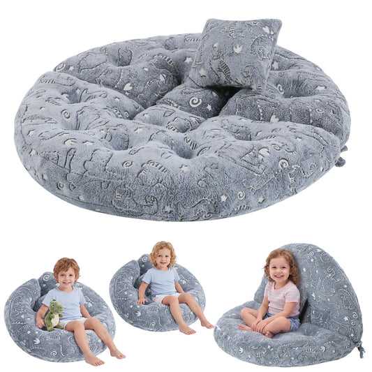 blue page Circle Kids Play Mat 5.9 in Thick, 5-in-1 Comfy Padded Playmat for Ages 3+, Glowing Round Floor Rug for Nursery Playroom Reading Corner, 47x47 in Grey Dinosaur