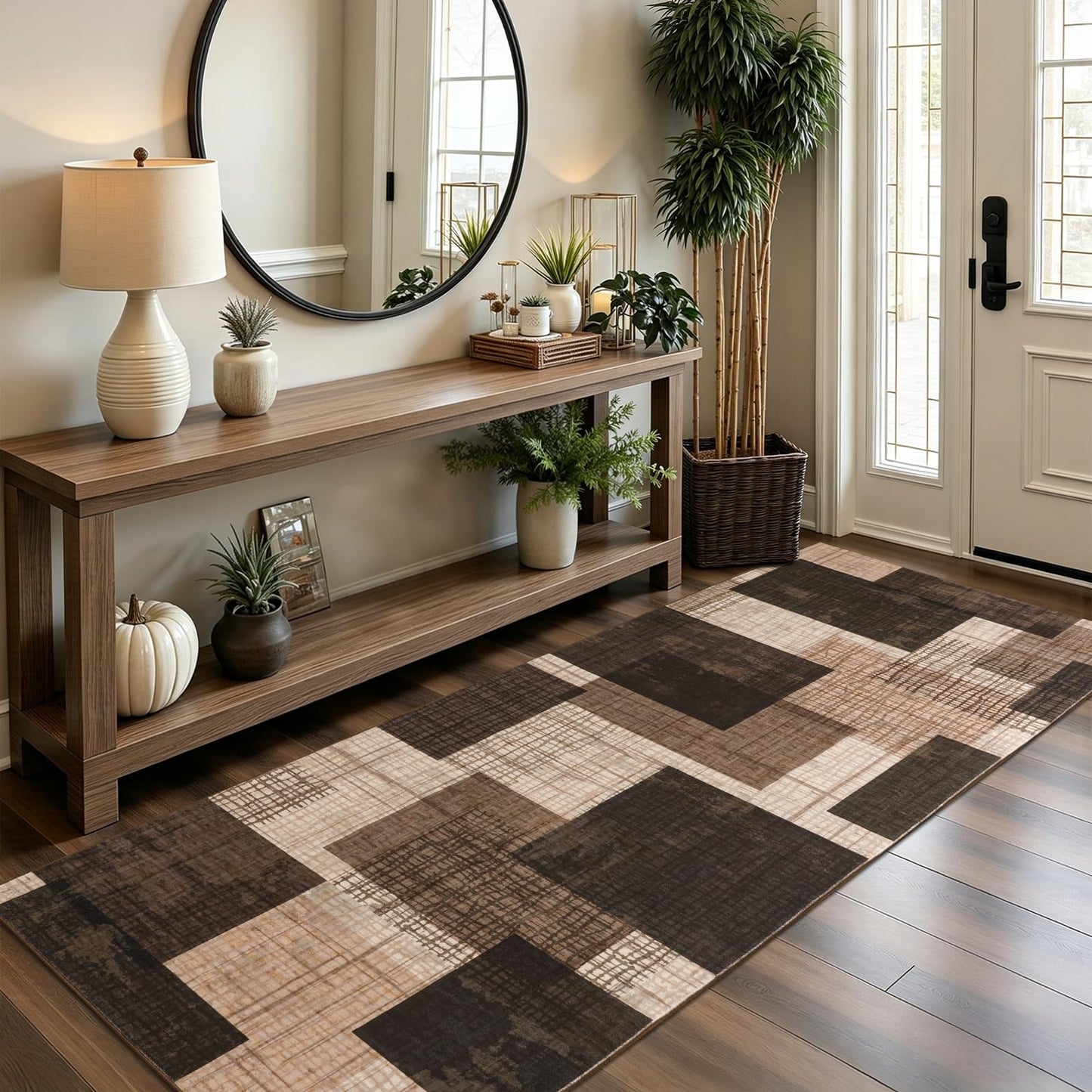 Ailyei Washable 2x8 Runner Rug for Hallway Kitchen Bedroom, Modern Geometric Patchwork Grid Print Non Slip Carpet, Soft Stain Resistant Long Runner with Rubber Backing, Chocolate