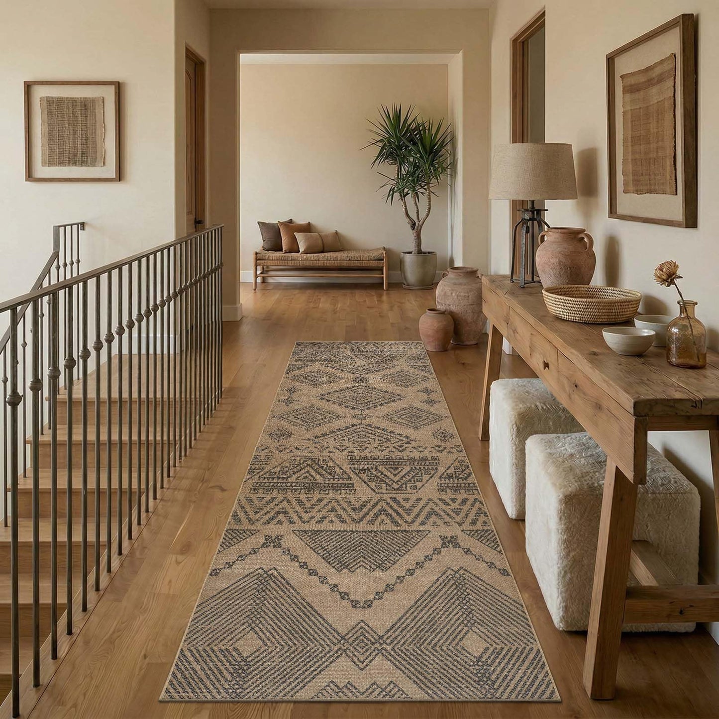 jinchan 3x8 Washable Faux Jute Runner Rug, Boho Southwestern Geometric Long Runner Rug with Natural Fiber Look, Low-Pile Non-Slip Floor Mat for Hallway Kitchen Living Room Entryway, Natural Charcoal