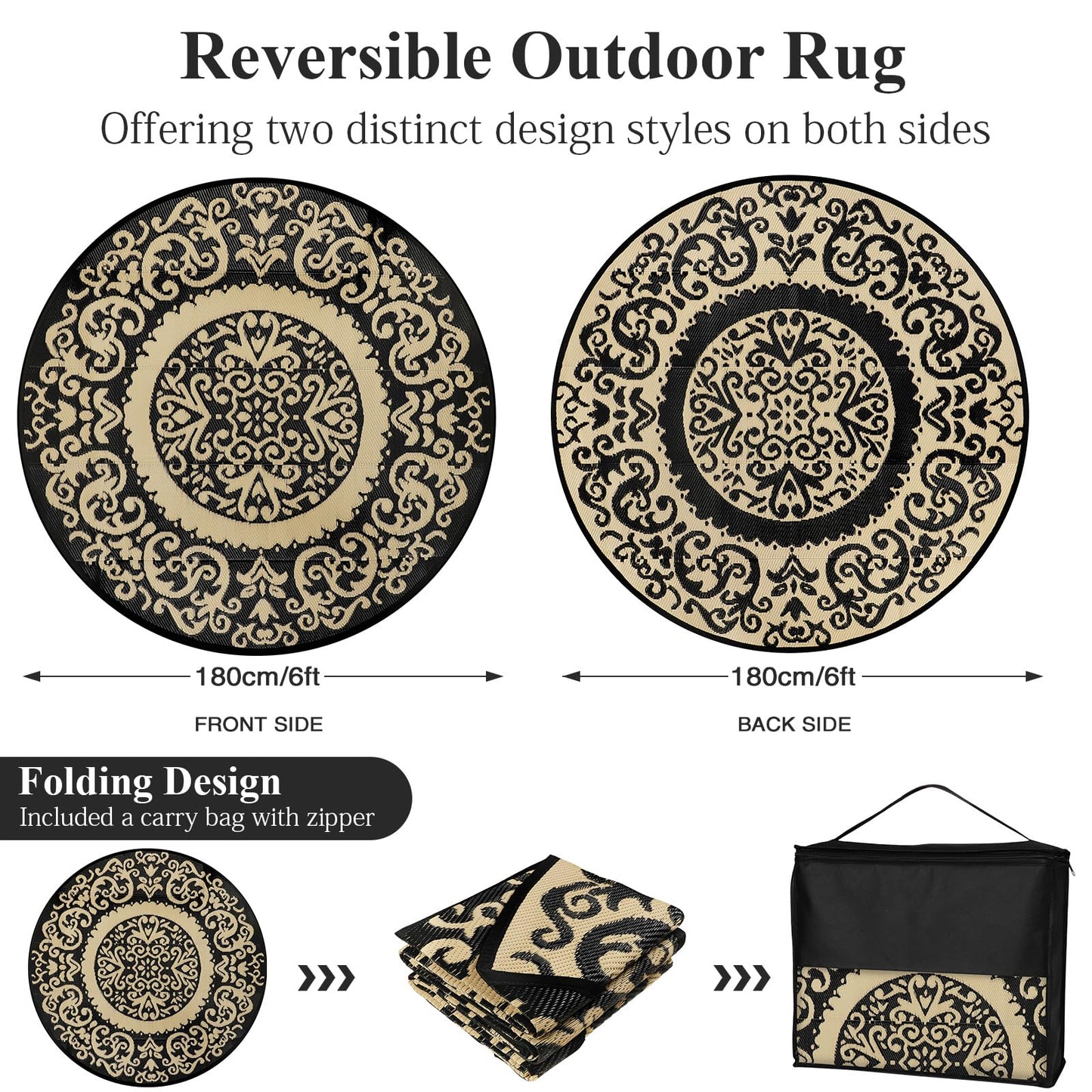Homcomoda Round Outdoor Rugs for Patio 6ft Waterproof Clearance Reversible Patio Rugs Lightweight Outdoor Rugs Plastic Straw Rugs Portable RV Camping Rug Mat for Outdoor Porch Beach BBQ Beach Backyard