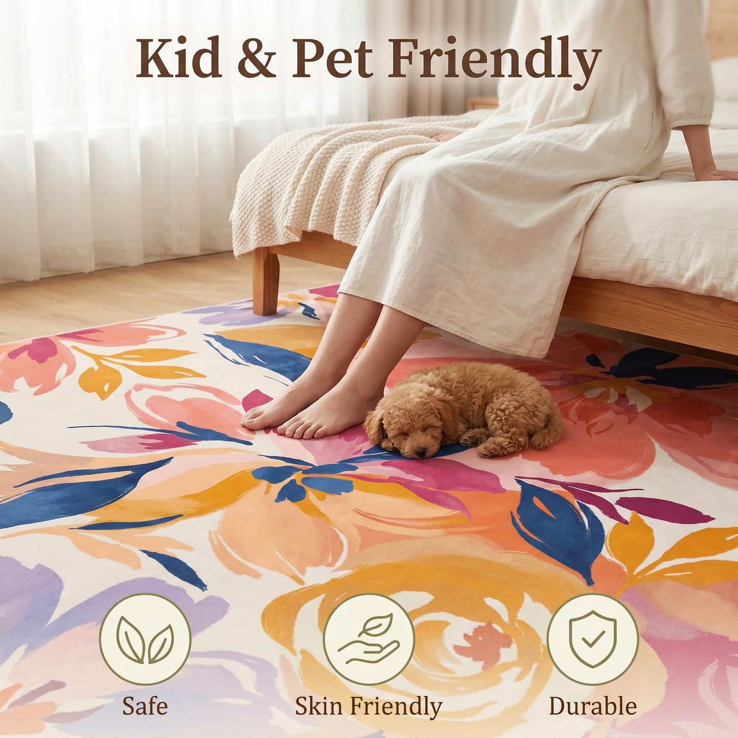 GraceSway 3x5 Washable Area Rug, Colorful Watercolor Floral Botanical Rug, Ultra Soft Faux Cashmere Low Pile Accent Carpet, Non Slip Foldable Pet Friendly Mat for Bedroom, Living Room, Girls Nursery