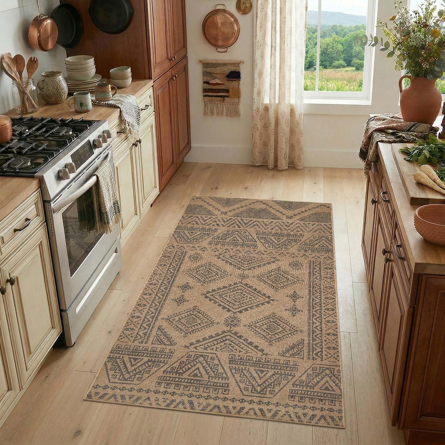 jinchan 3x5 Washable Faux Jute Area Rug, Natural Fiber Look Boho Southwestern Geometric Accent Rug, Low-Pile Non-Slip Floor Mat for Bedroom Living Room Entryway Covered Patio Balcony, Natural Charcoal
