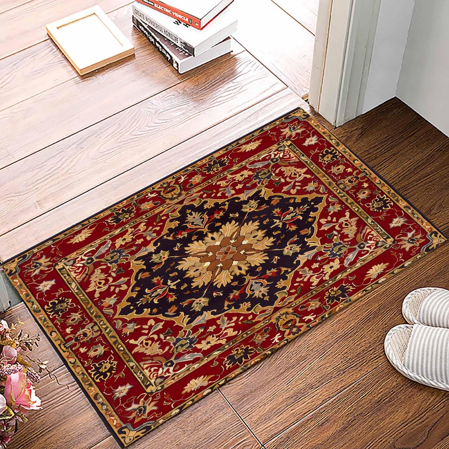 Homechoid Red Medallion Floral Front Door Mat for Indoor Entrance 18x30 Inche, Retro Traditional Oriental Boho Tribal Absorbent Doormat for Bathroom/Garage/Kitchen/Entry/Back, Washable