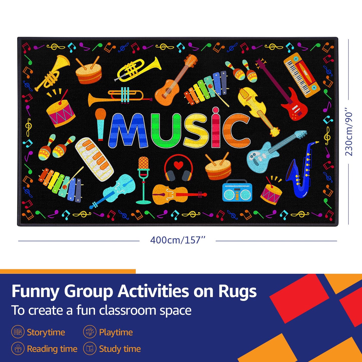 ABCarpet Music Classroom Rug, 7'6''x13'1'' Black Classroom Carpet with Non-Slip Backing, School Seating Rug for Circle Time, Preschool, Daycare, Playroom, Learning & Reading Area