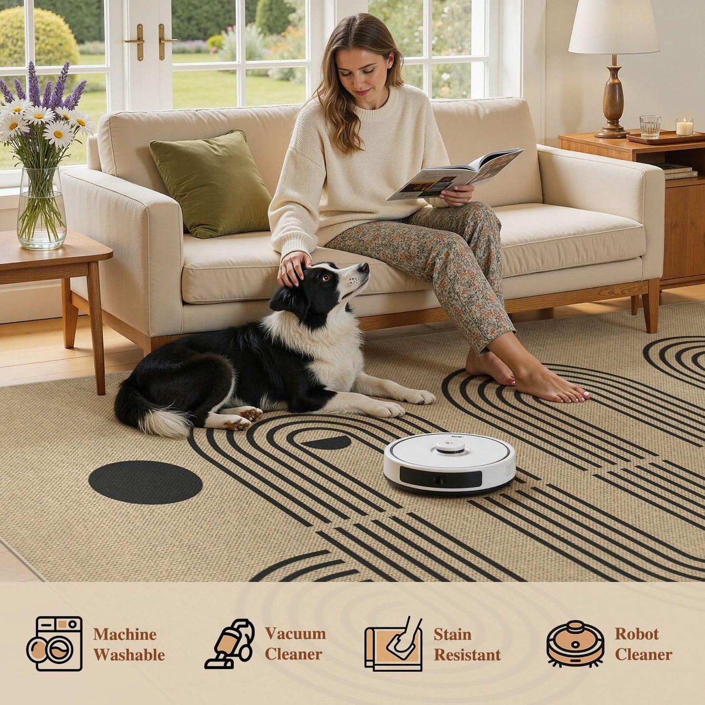 UERMEI 5x7 Outdoor Jute Area Rug Patio, Neutral Rugs for Living Room Backyard Machine Washable Non Slip, Pet Friendly Indoor Farmhouse Carpet for Dining Room - Brown
