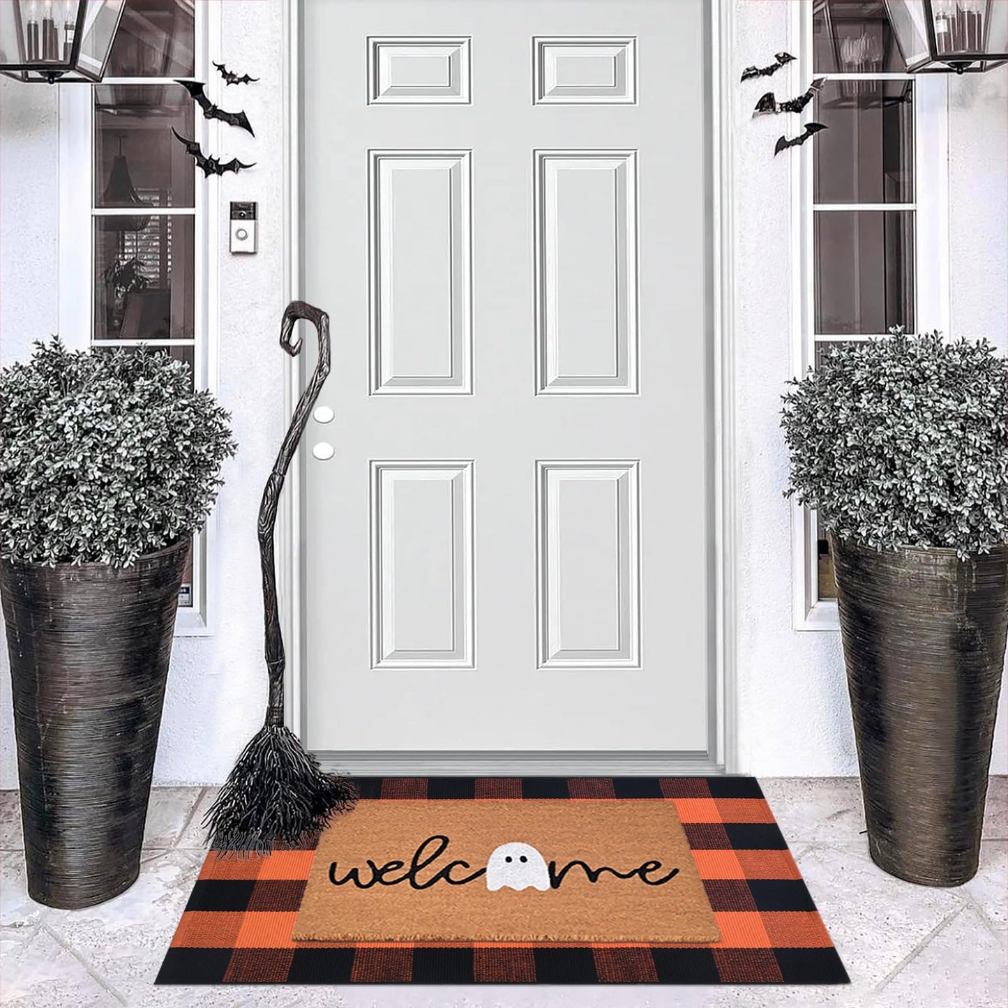 Halloween Decor Doormat Combo Set, Welcome Ghost Coco Coir Welcome Mat + 28" x 43" Orange and Black Plaid Rug, Autumn Halloween Front Porch Entryway Decor Floor Mat