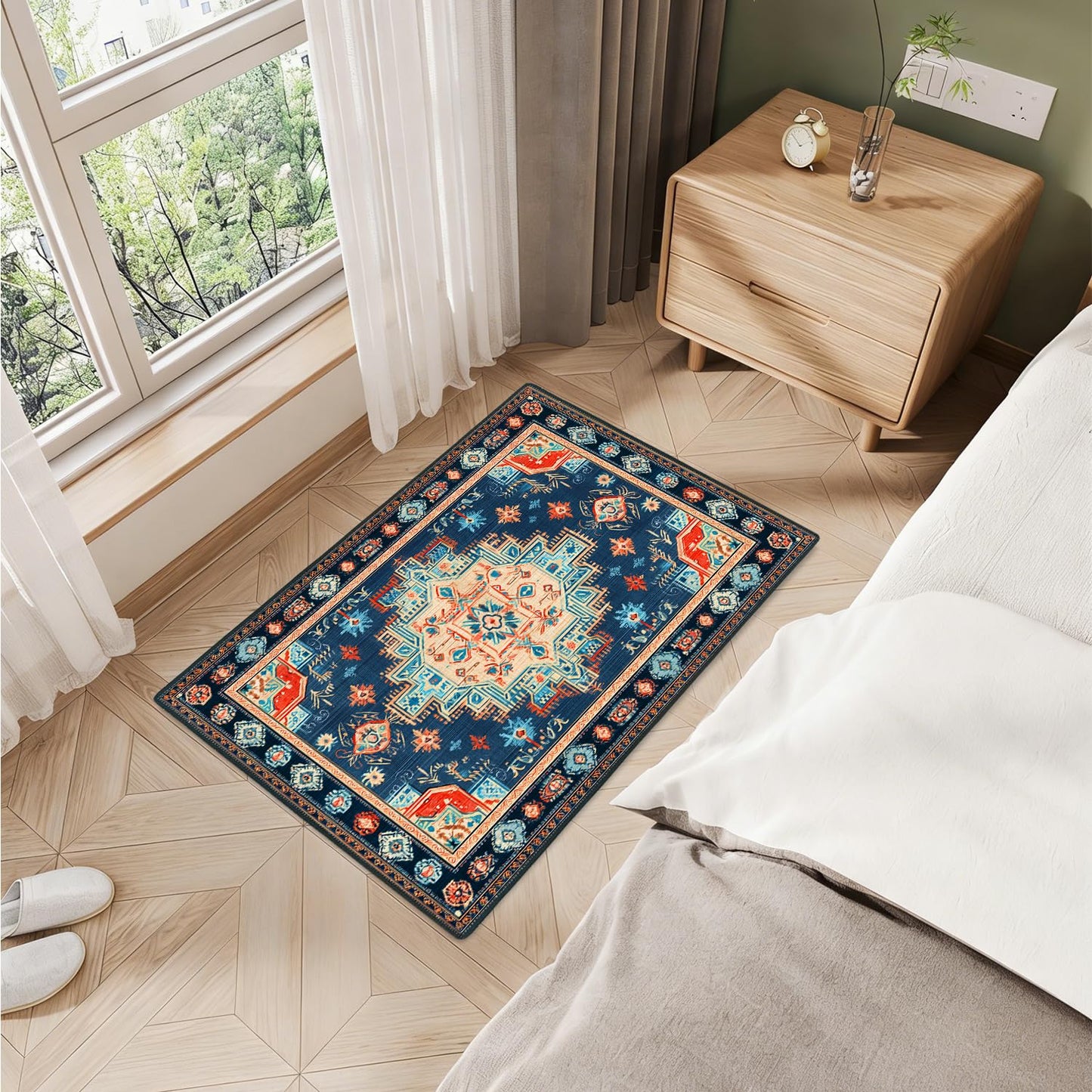 Navy Blue Coral Tribal 2x3 Entry Rug,Washable Small Rugs for Entryway Kitchen Bathroom Door Mat Indoor Entrance,Non Slip Rubber Backing,Stain & Fade Resistant,Bohemian Southwestern Decor