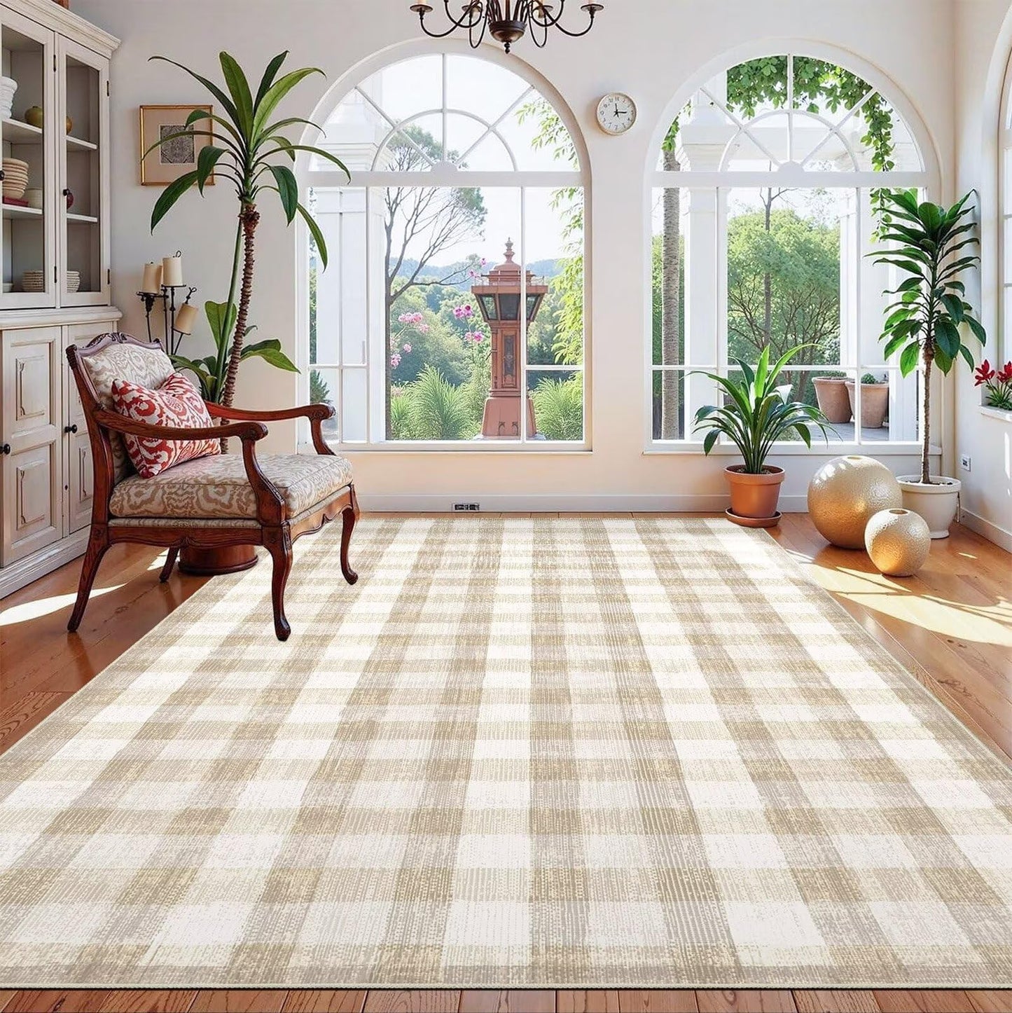 COLORPAPA Checkered Area Rug 5x7, Washable Rugs for Living Room, Modern Neutral Non Slip Indoor Carpet for Bedroom Office Patio Dining Room (Beige)