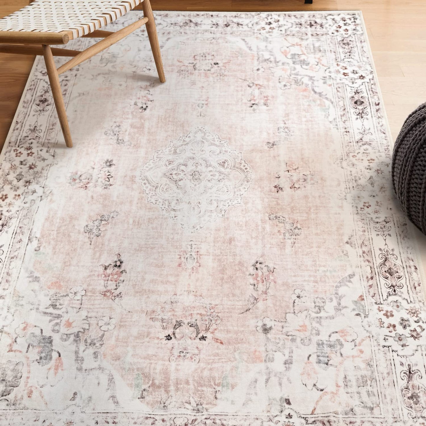 MUJOO Boho Area Rug 3'x5' Machine Washable, Pink Small Non Slip Area Rugs for Entryway Bedroom Bedside Kitchen Hallway Living Room Laundry Room Indoor Mat Soft Low-Pile Floral.
