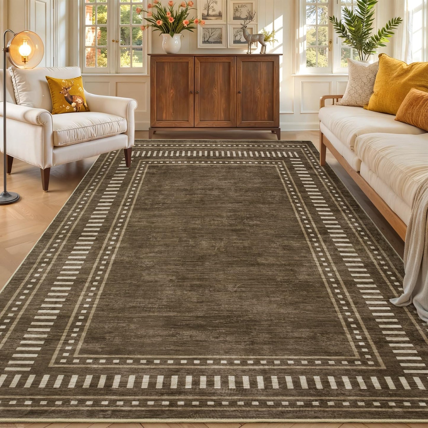 Garvee 4x6 Area Rug - Machine Washable Non-Slip Small Carpet, Soft Low-Pile Farmhouse Floor Mat for Bedroom Home Office Nursery, Foldable Indoor Rug with TPR Backing, Pet Friendly, Brown