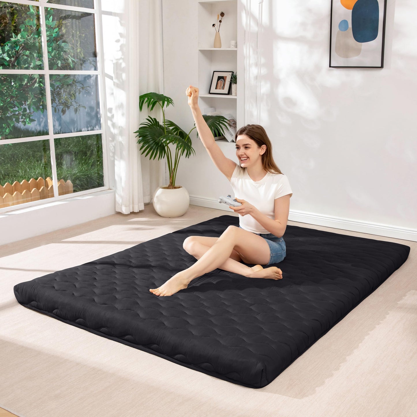MAXYOYO Japanese Floor Futon Mattress Twin Size, 3" Thicken Tatami Sleeping Pad Foldable Roll Up Mattress, Portable Floor Mattress Pad for Adults, Guest Room, Camping, Black