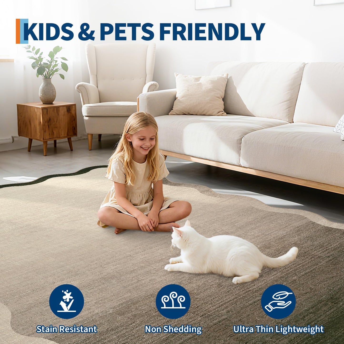 LUXLOOM Large Scalloped Rug 9x12 Non-Slip Contemporary Accent Rugs for Living Room Washable Non-Shedding Ultra-Thin Floor Cover Modern Ombre Indoor Carpet for Bedroom Nursery Kids Room Office Camel