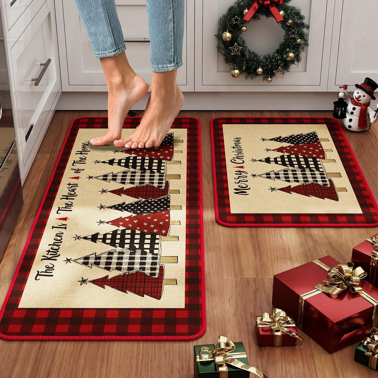 CHAMBERY Kitchen Rugs Set of 2, 17" x 29" & 17"x 47" Xmas Tree Non-Slip Backing Buffalo Plaid Merry Christmas Kitchen Mats for Floor,Low-Profile Winter Holiday Decorations Christmas Doormat