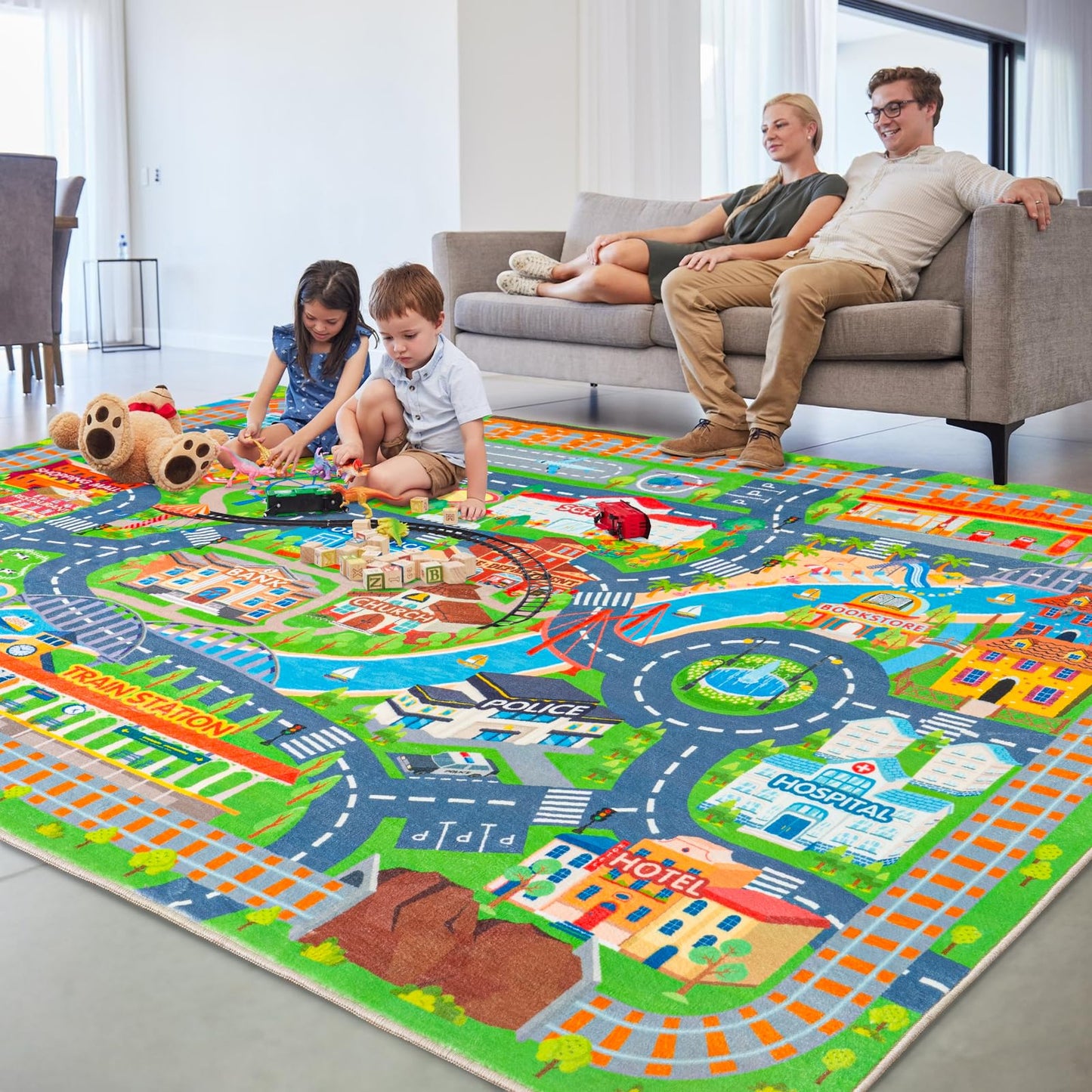 plumlik Car Rug Play Mat for Kids Toy Cars, Road Traffic Playmat for Kid Bedroom, Non-Slip Machine Washable Town City Race Track Carpet for Learn and Have Fun Classroom Rugs 4'x5'/ 48" x60