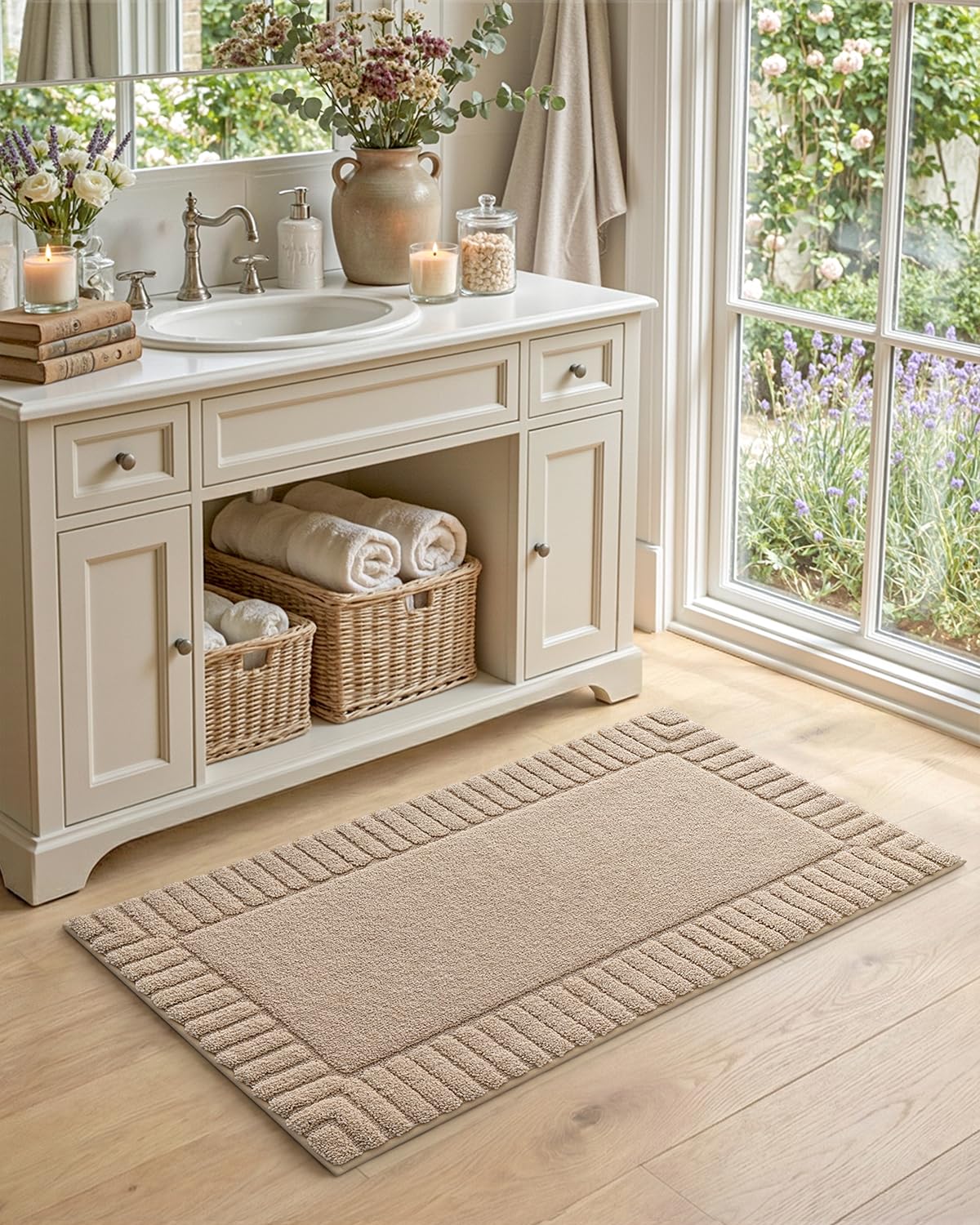 DEXI Bathroom Rugs 24x16, Non Slip Bath Mats for Bathroom Floor, Ultra Soft and Absorbent Bath Rug Shower Carpet, Machine Washable, Beige