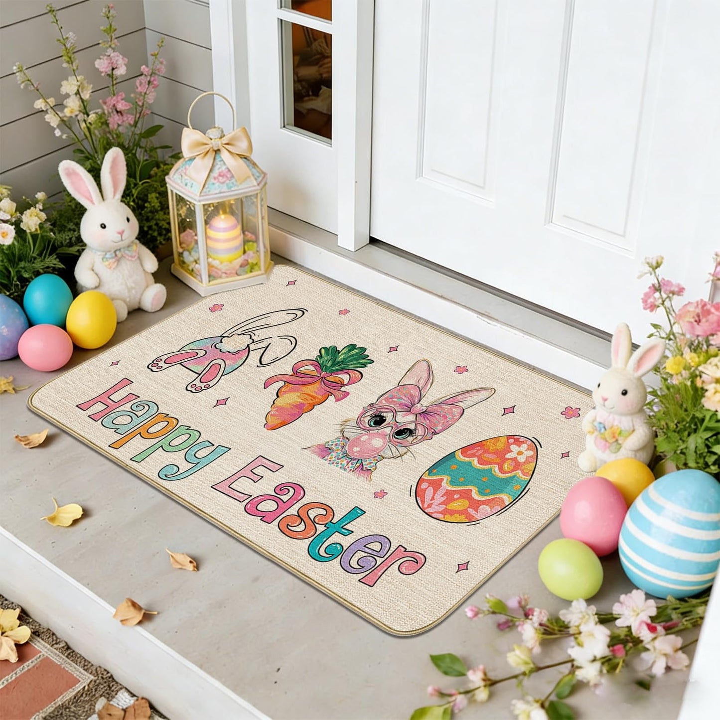 Mocsicka Easter Door Mat Bunny Eggs Welcome Doormat for Indoor Outdoor Spring Floor Mat Entry Welcome Rug Non-Slip Washable for Porch Front (Beige, 16x29inch)