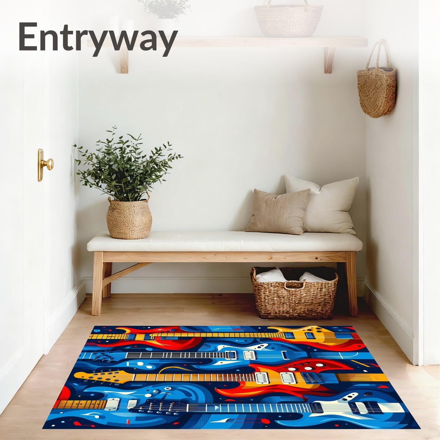 ODIKA Flatwoven Area Rug 6x9 ft, Electric Guitar Fantasy Music Inspired Circle Design, Non Slip, Stain Resistant, Washable High Traffic Area Rugs for Living Room, Bedroom Decor
