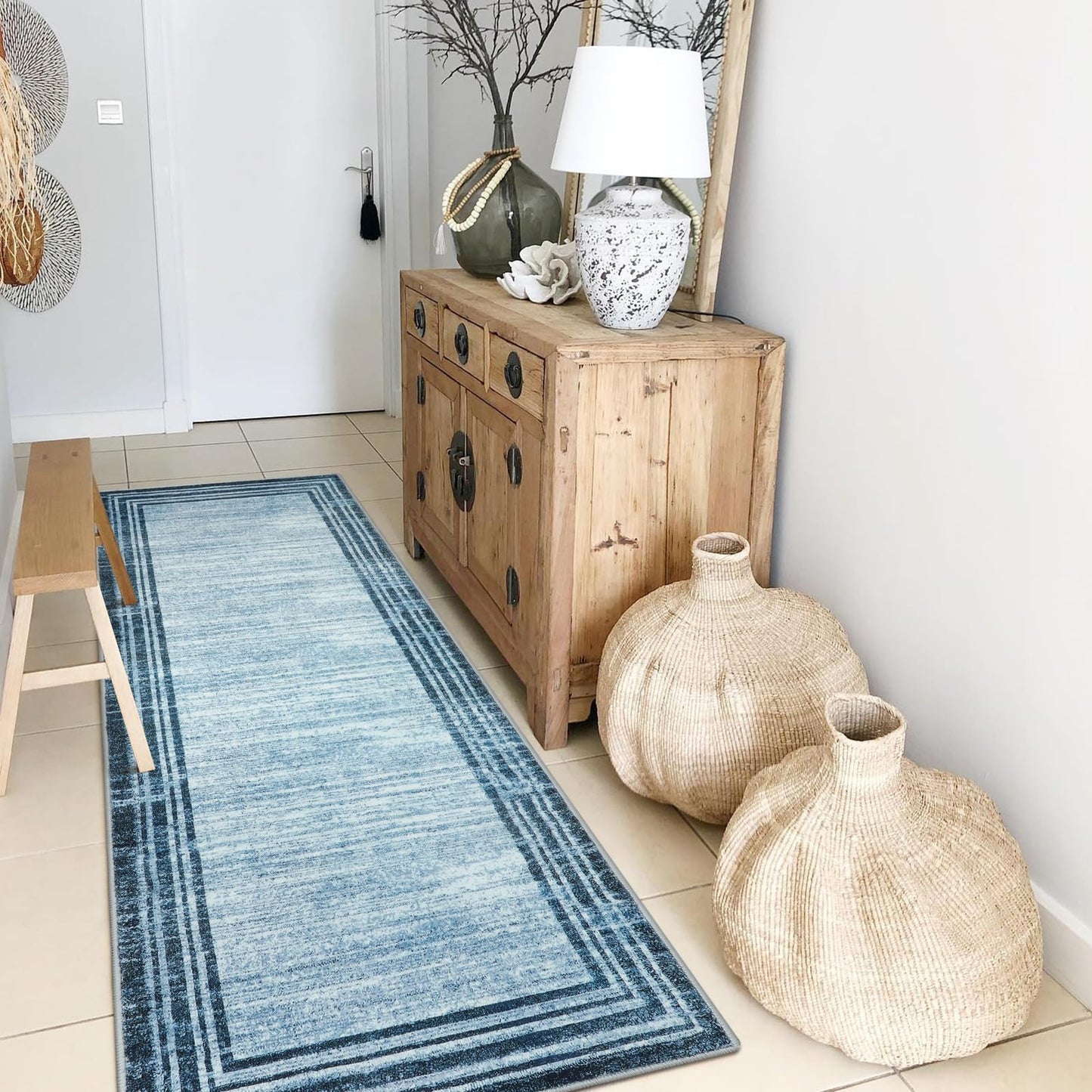 Lahome Modern Abstract Runner Rug, Washable Blue 2x6 Runners for Hallways Non Slip Bathroom Rug Runners, Low-Pile Soft Kitchen Runner Rubber Backed Carpet Runner for Bedroom Entryway