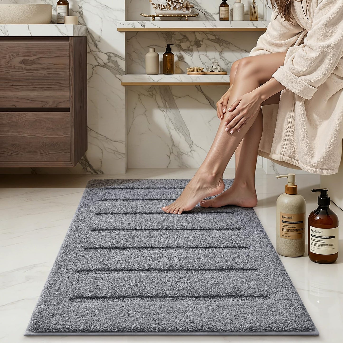 LUMI Non-Slip Skin-Friendly Bathroom Rugs, Hotel Quality Bath Mats for Bathroom, Washable Fluffy Shower Mat, Minimalist Luxury Striped Style,Ideal for Floor, Shower Tub, Entryway, 17"x30", Grey