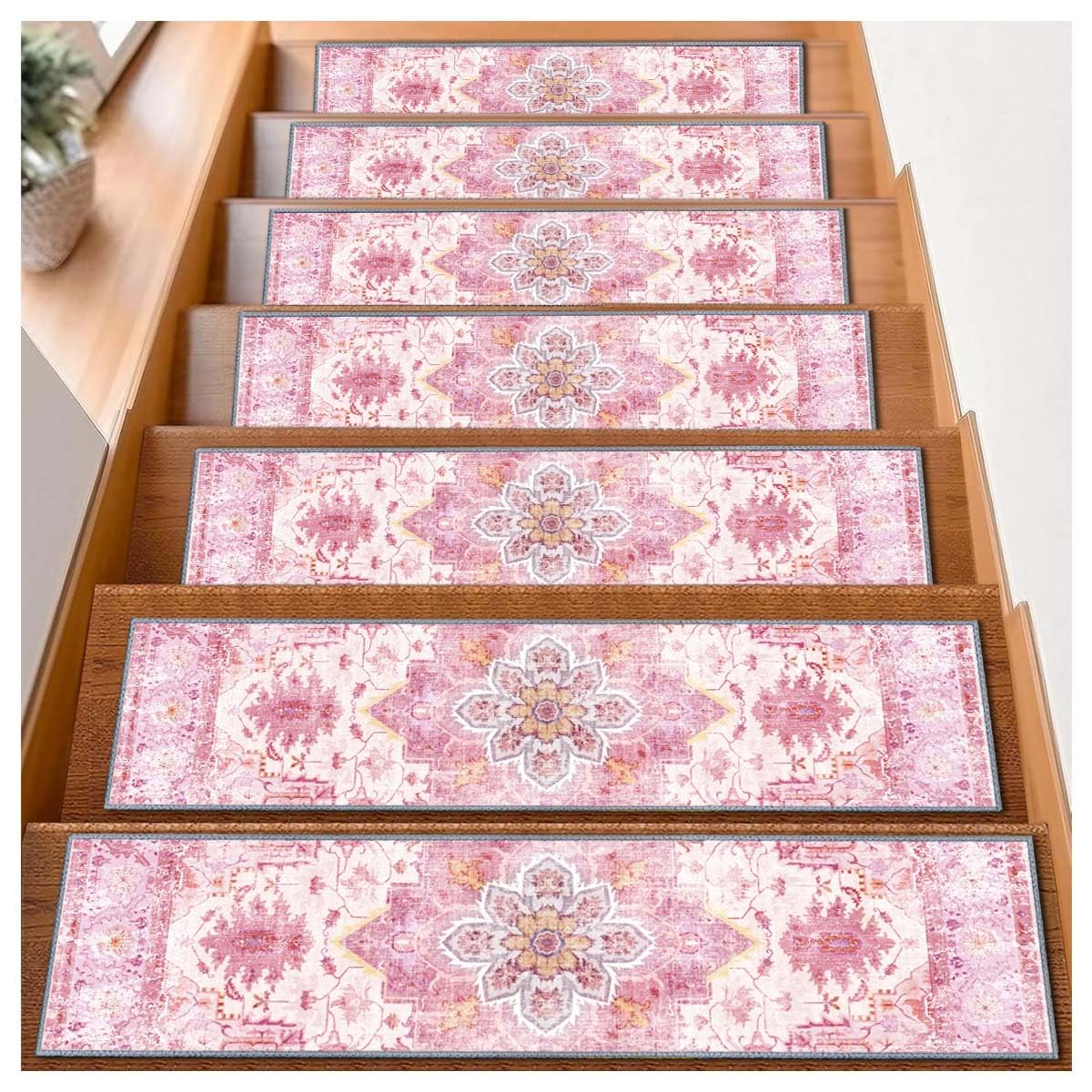 Non-Backed Membrane Stair Tread Mats, ‘8x30 Inches’ Edge Stair Tread Non-Slip Carpet Rugs, Silent Tread Mats, Wooden Steps Indoor Stair Rugs, Stair Decorative Carpets (Pink, 15pcs)
