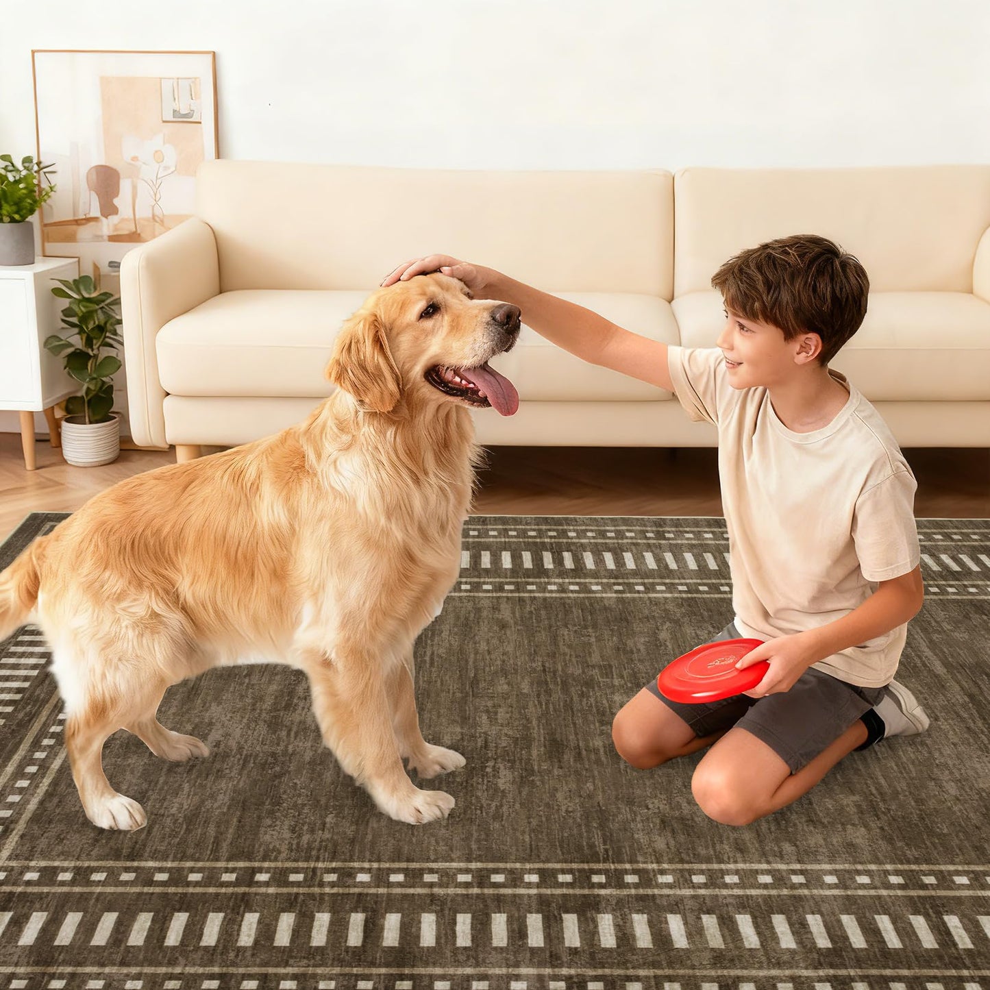 Garvee 4x6 Area Rug - Machine Washable Non-Slip Small Carpet, Soft Low-Pile Farmhouse Floor Mat for Bedroom Home Office Nursery, Foldable Indoor Rug with TPR Backing, Pet Friendly, Brown